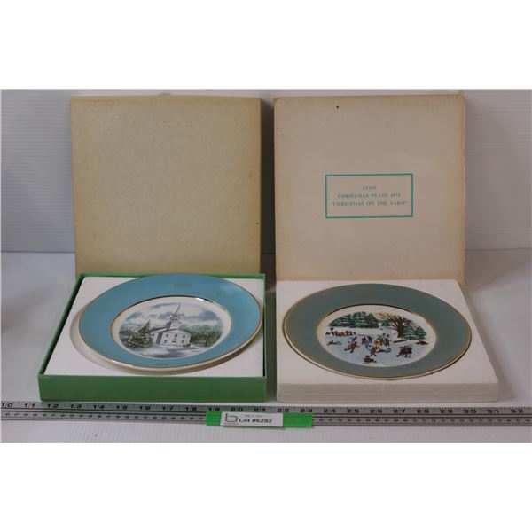 (2) Avon Christmas Plates in Box: 1974 Church Plate & 1975 Christmas on the Farm