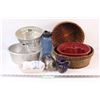 Image 1 : (9+) Lot of Cake Pans; 2 - Whicker Baskets; Metal Butter dish; Pottery Items