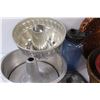 Image 3 : (9+) Lot of Cake Pans; 2 - Whicker Baskets; Metal Butter dish; Pottery Items