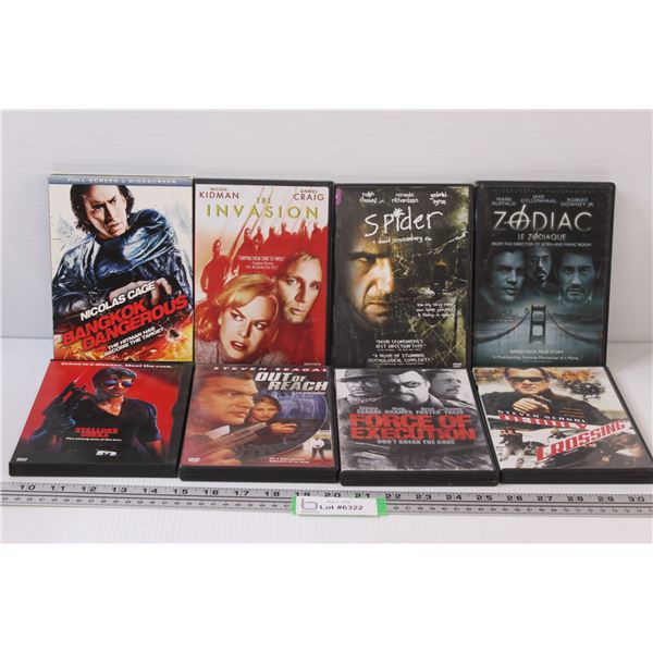 (8) DVD Movies: Spider; Invasion; Deadly Crossing & Misc.