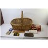 Image 1 : Vintage Dominion Mathematical Instruments - Spill & Spell Game - Wicker Basket - Cribbage Boards w/P