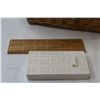 Image 7 : Vintage Dominion Mathematical Instruments - Spill & Spell Game - Wicker Basket - Cribbage Boards w/P