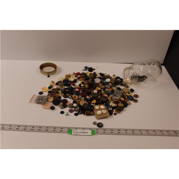 Sealer Jar of Buttons Varying in Styles, Colors, Sizes & Materials