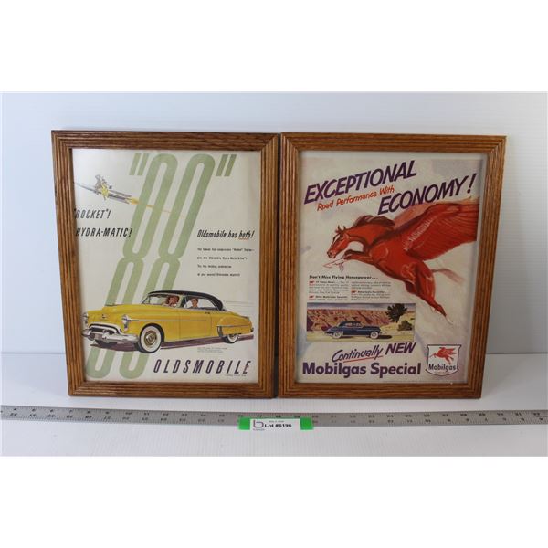 (2) Framed Vintage Posters: Oldsmobile Rocket & Mobil Gas - 14.5"X11.5"