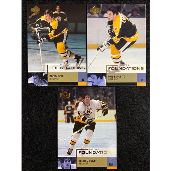 2002-03 UD Foundations Boston Bruins - Bobby Orr, Phil Esposito & Terry O'Reilly NHL Cards