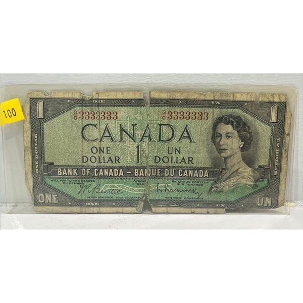 1954 Bank of Canada 1 Dollar Modified Note SN G/O3333333 Beattie-Rasminsky