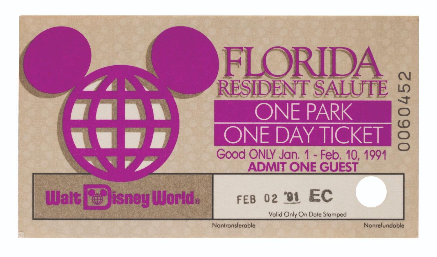 A Walt Disney World Florida Resident Salute Ticket. - Van Eaton Galleries