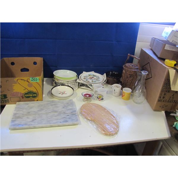 granite Cutting board and assorted dishes