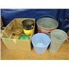 Image 1 : Box with various tin pails and pots for plants