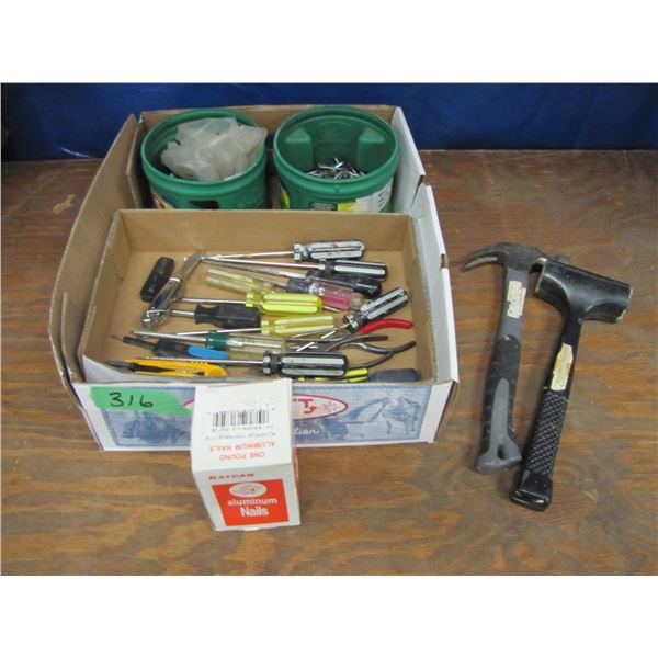 Screwdrivers , aluminum nails, hammers , roofing screws