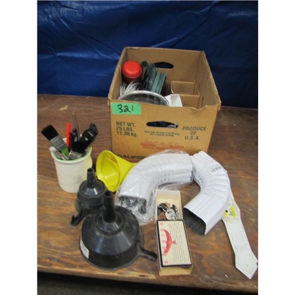 Funnels, downspout elbows, paint brushes, hose clamps