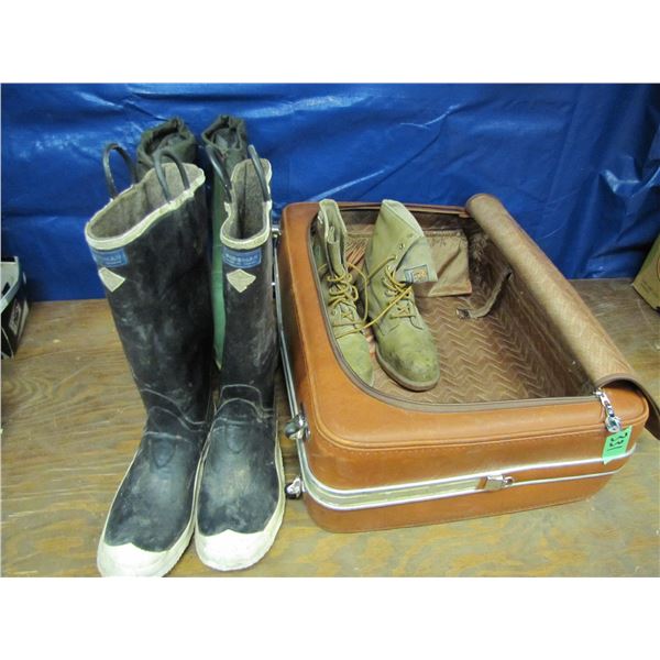 Suitcase with work boots and rubber boots