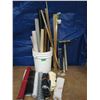 Image 1 : Pail with assortment of  upholstery material , yard sticks, Etcetera