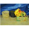 Image 1 : Wicker basket, tin garbage can, Artificial flowers