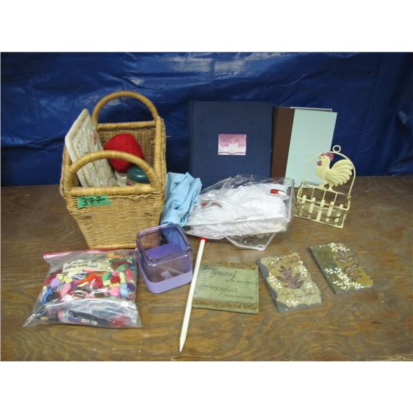 Wicker Wicker basket with sewing supplies and plaques