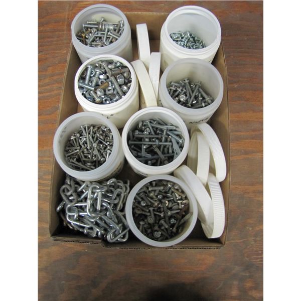 Box of assorted stove bolts and chain