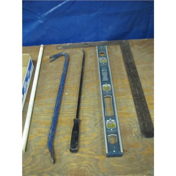 24 inch level , steel square , crowbar, pry bar