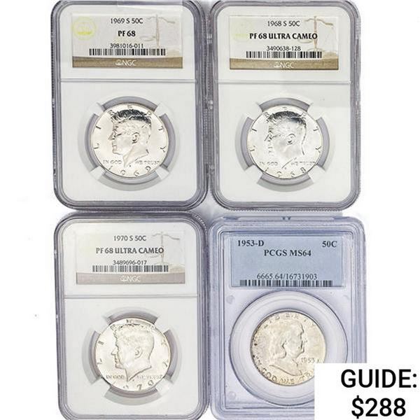 1953-1970 [4] Silver Half Dollars NGC/PCGS PF/MS