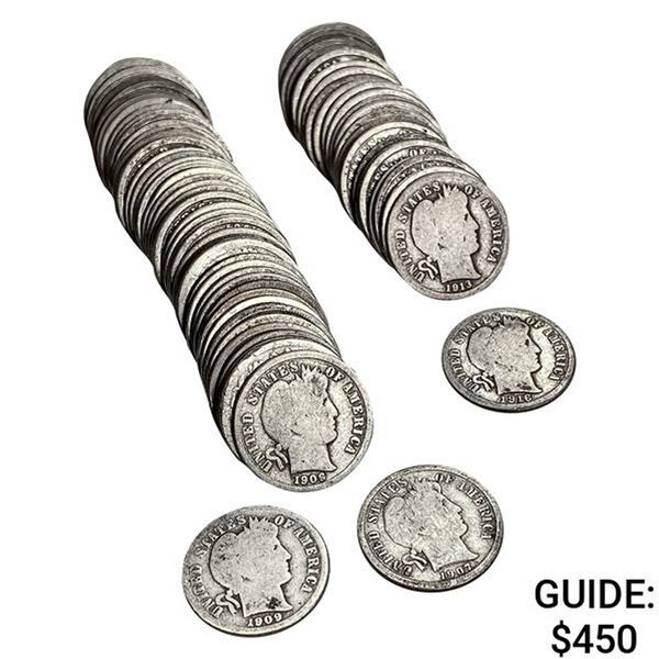 1900's Barber Dime Rolls [77 Coins]