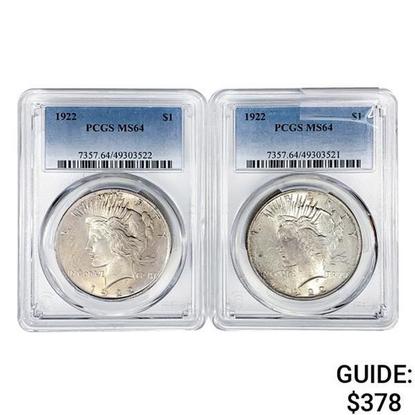 1922 [2] Silver Peace Dollar PCGS MS64