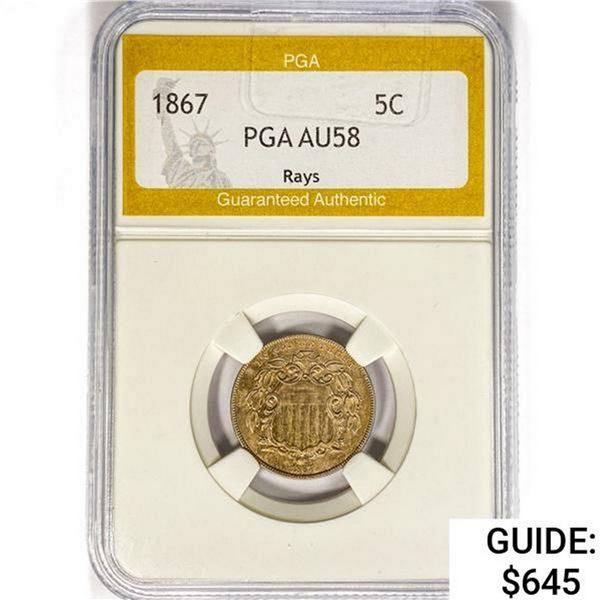 1867 Shield Nickel PGA AU58 Rays