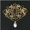 Image 2 : Vintage 14k Gold 4 ctw Round Oval Garnet Open Work Pearl Dangle Pin Brooch Penda