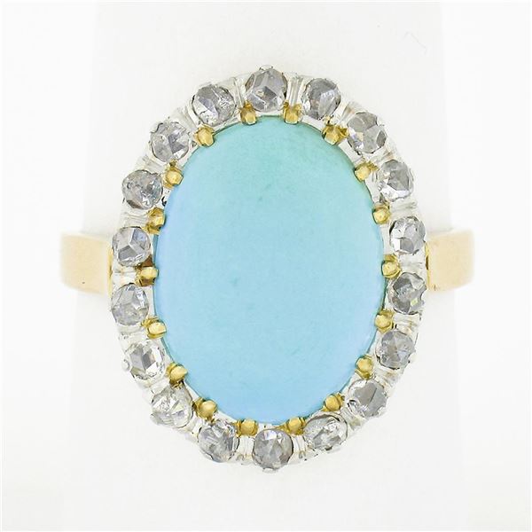 Antique 18k Rosy Gold Platinum Oval Cabochon Persian Turquoise Diamond Halo Ring