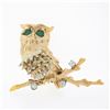 Image 1 : Vintage Detailed Textured 14K TT Gold Diamond & Chalcedony Owl on Branch Brooch