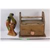Image 1 : (2) Vintage Wooden Curio Carrier & Wooden Carved Parrots