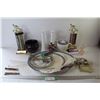 Image 1 : (2) Curling Trophies - (2) Vintage Clothes Pins - Perfume Bottle - Wire Stand - Matching Plates - (2