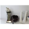 Image 7 : (2) Curling Trophies - (2) Vintage Clothes Pins - Perfume Bottle - Wire Stand - Matching Plates - (2