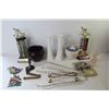 Image 9 : (2) Curling Trophies - (2) Vintage Clothes Pins - Perfume Bottle - Wire Stand - Matching Plates - (2