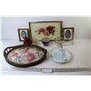 Image 1 : Wicker Tray w/Glass Bottom - Glass Flower Frog in Metal Holder - Metal Tray w/Rose Picture Under Gla
