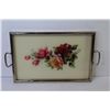 Image 4 : Wicker Tray w/Glass Bottom - Glass Flower Frog in Metal Holder - Metal Tray w/Rose Picture Under Gla