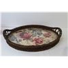 Image 6 : Wicker Tray w/Glass Bottom - Glass Flower Frog in Metal Holder - Metal Tray w/Rose Picture Under Gla