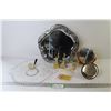 Image 1 : Metal Tray - Glass Plate - (2) Make-up Mirrors - Small Plastic Trophies