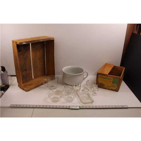 (11pcs) Glassware (Butter Dish, Measuring Cup, Schnapps Glasses, Cream Pitchers, Sugar, Bowls etc.,