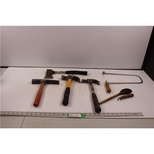 Various Hand Tools - Claw Hammers, Hatchet, Wooden Spoon, Paint Can Opener, Masons Hammer, Deep Thro