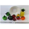 Image 2 : (9) Glass Blown Fruits In Plastic Bowl - (cracked bowl)