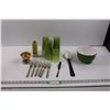 Image 1 : (16) Lady Arnold Green Plastic Glasses, Enameled Serving Spoon, Green Melamine Bowl, Gold Mercury Gl