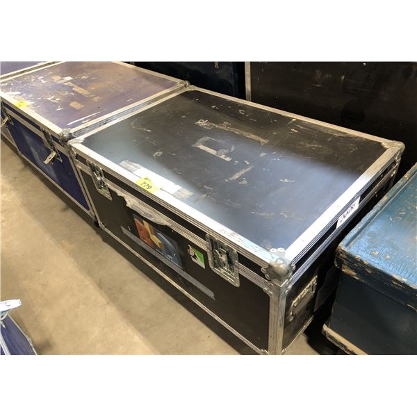 BLUE MOBILE ROAD CASE WITH CONTENTS 31  X 45  X 21 H C/W DRAPES