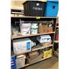 Image 1 : BACK TO BACK 4 TIER MOBILE WOOD SHELVES WITH CONTENTS 27" X 54" X 60"H C/W BOX OF HOT GLUE STICKS,