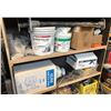 Image 2 : BACK TO BACK 4 TIER MOBILE WOOD SHELVES WITH CONTENTS 27" X 54" X 60"H C/W BOX OF HOT GLUE STICKS,