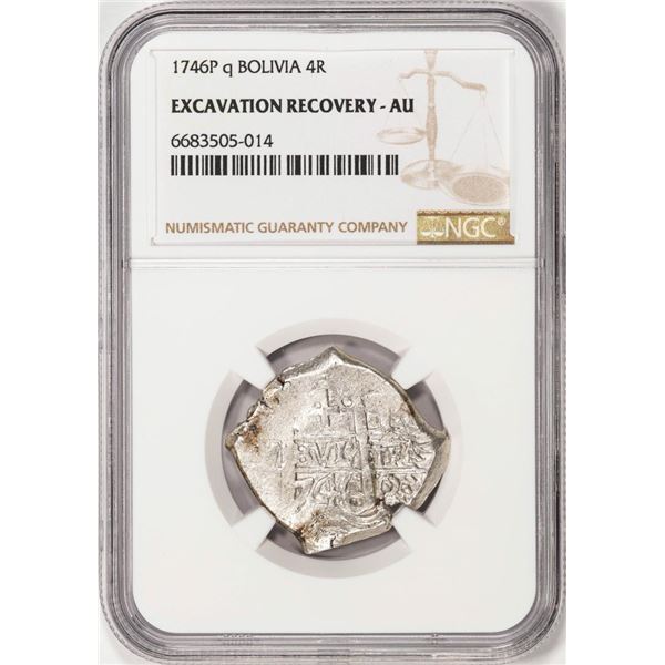 Shipwreck 1746P q Bolivia 4 Reales Silver Coin NGC AU Excavation Recovery