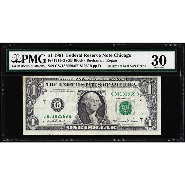 1981 $1 Federal Reserve Note Mismatched Serial Number Error Fr.1911-G PMG Very Fine 30