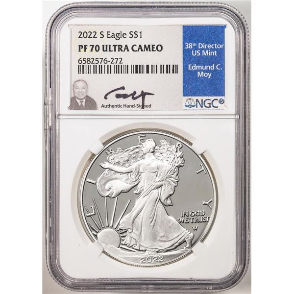 2022-S $1 Proof American Silver Eagle Coin NGC PF70 Ultra Cameo Edmund Moy Signature