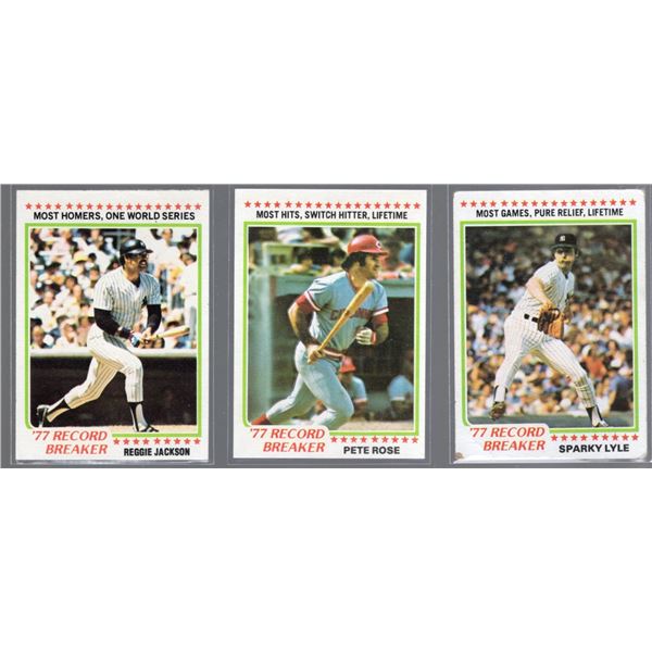 Lot of 3 1978 Topps 77' Record Breakers Pete Rose, Sparky Lyle, Reggie Jackson