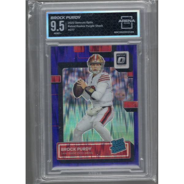 Brock Purdy Rookie Card Purple Shock 2022 Donruss Optic Rated Rookie #277 Graded Arena Club 9.5 Mint