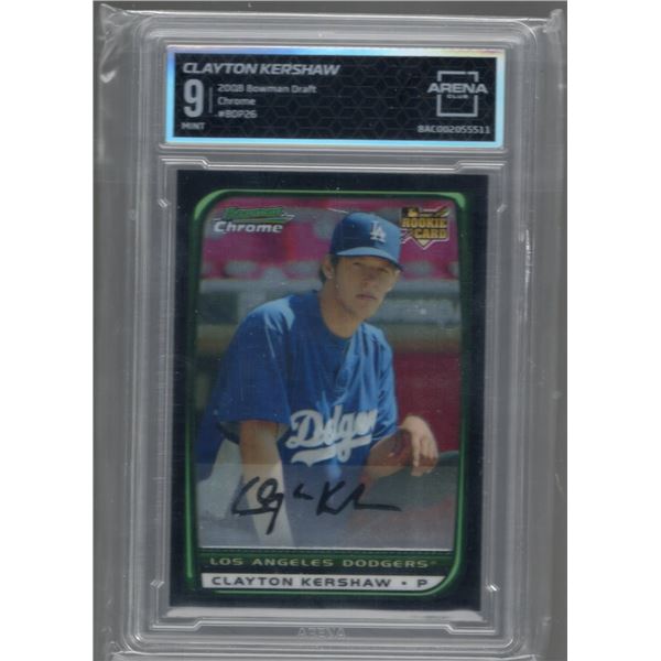 Clayton Kershaw Rookie Card 2008 Bowman Chrome Draft #BDP26 Graded Arena Club 9 Mint