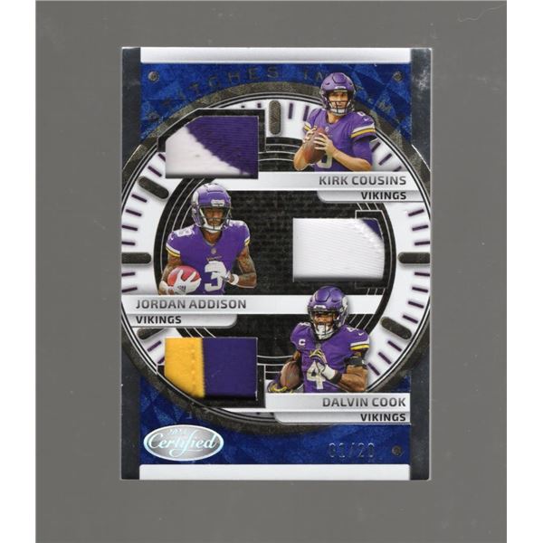 Kirk Cousins, Jordan Addison, Dalvin Cook Triple Patch 01/20 2023 Panini Certified Stitches in Time 